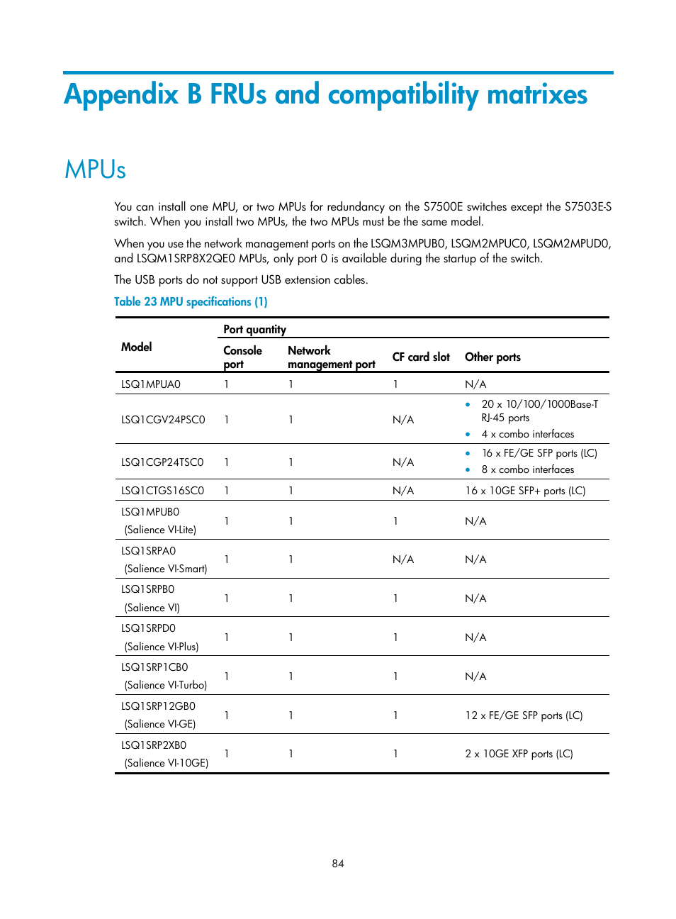 Appendix b frus and compatibility matrixes, Mpus | H3C Technologies H3C S7500E Series Switches User Manual | Page 94 / 161