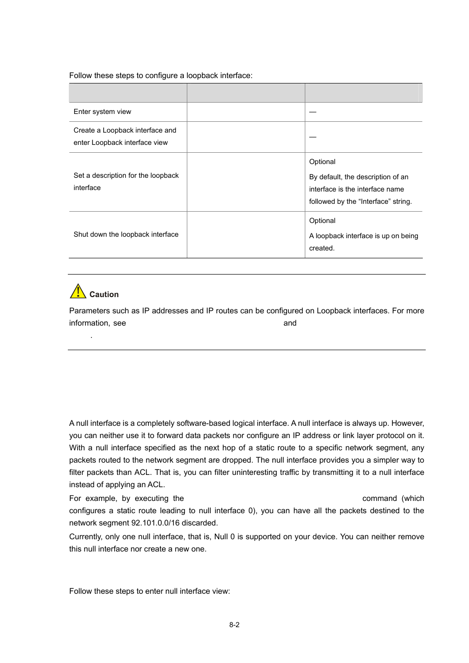 Configuring a loopback interface, Null interface, Introduction to null interface | Configuring null 0 interface, 2 configuring null 0 interface | H3C Technologies H3C S7500E Series Switches User Manual | Page 110 / 337