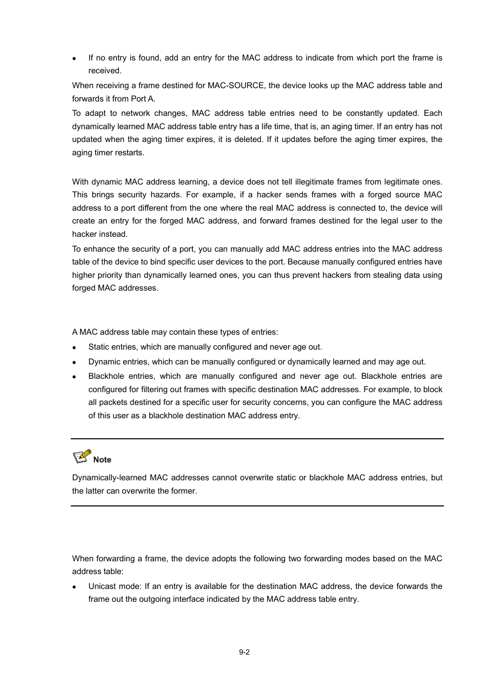 Manually configuring mac address entries, Types of mac address table entries, Mac address table-based frame forwarding | H3C Technologies H3C S7500E Series Switches User Manual | Page 113 / 337