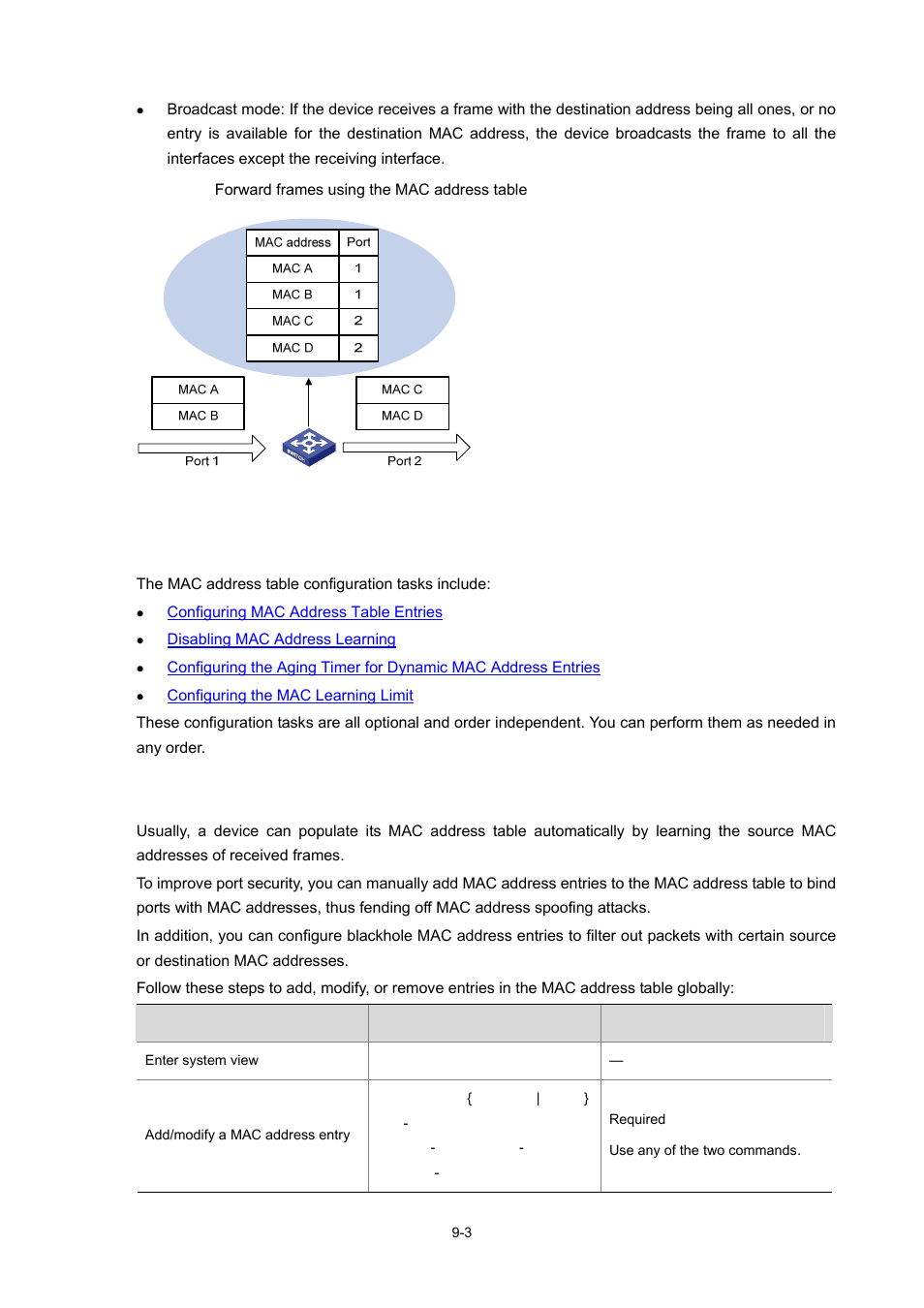 Configuring a mac address table, Configuring mac address table entries | H3C Technologies H3C S7500E Series Switches User Manual | Page 114 / 337