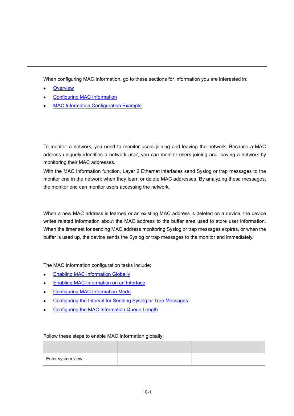 10 mac information configuration, Overview, Introduction to mac information | How mac information works, Configuring mac information, Enabling mac information globally, 1 how mac information works, Mac information configuration | H3C Technologies H3C S7500E Series Switches User Manual | Page 121 / 337