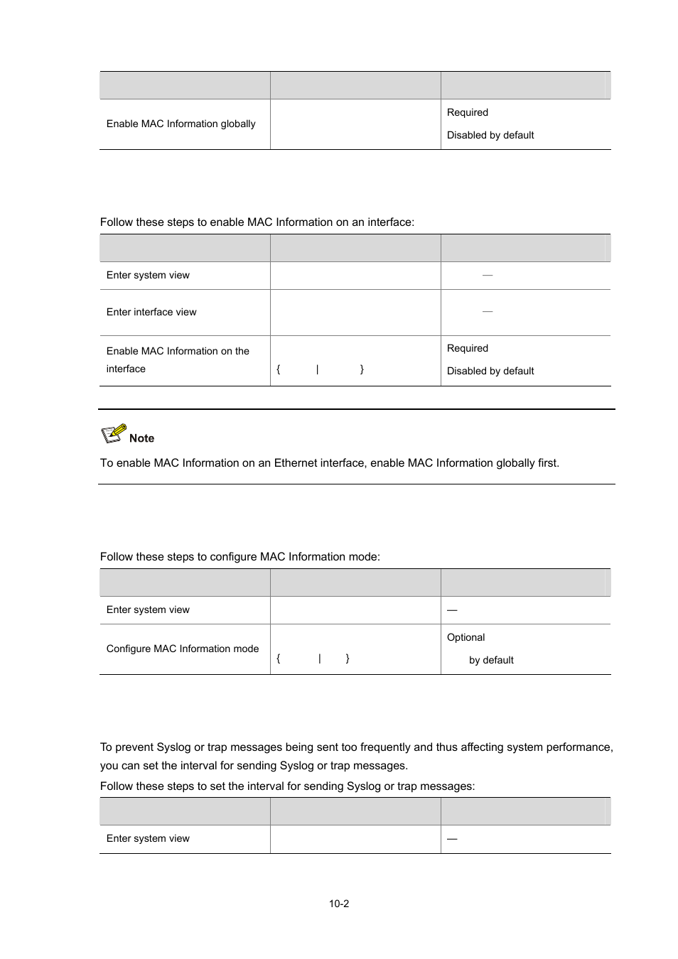 Enabling mac information on an interface, Configuring mac information mode | H3C Technologies H3C S7500E Series Switches User Manual | Page 122 / 337