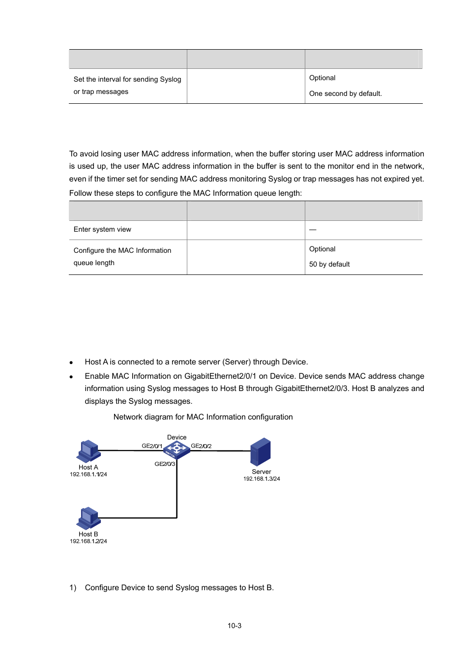 Configuring the mac information queue length, Mac information configuration example, Network requirements | Configuration procedure | H3C Technologies H3C S7500E Series Switches User Manual | Page 123 / 337