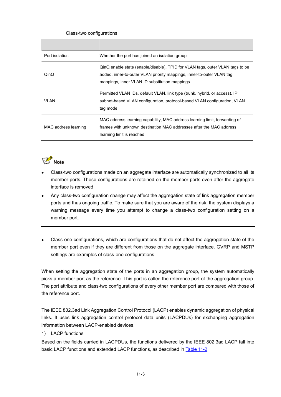 Reference port, Ieee 802.3ad lacp protocol, Table 11-1 | A member port can be p | H3C Technologies H3C S7500E Series Switches User Manual | Page 127 / 337