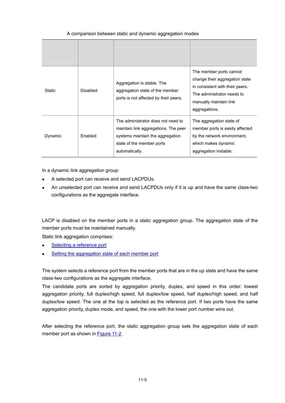 Aggregating links in static mode, Selecting a reference port, Setting the aggregation state of each member port | Table 11-4 | H3C Technologies H3C S7500E Series Switches User Manual | Page 129 / 337