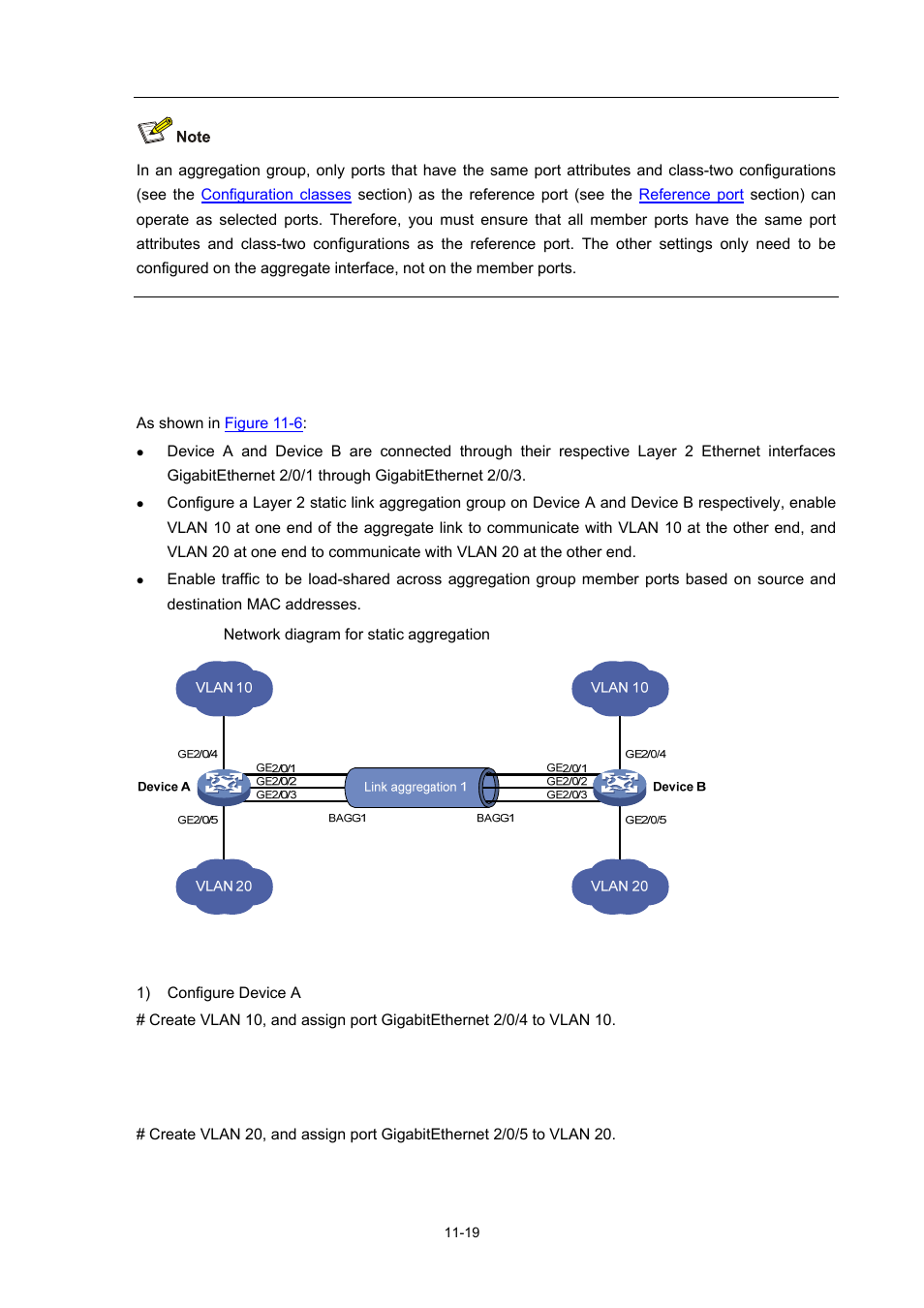 Static aggregation configuration example, Network requirements, Configuration procedure | H3C Technologies H3C S7500E Series Switches User Manual | Page 143 / 337