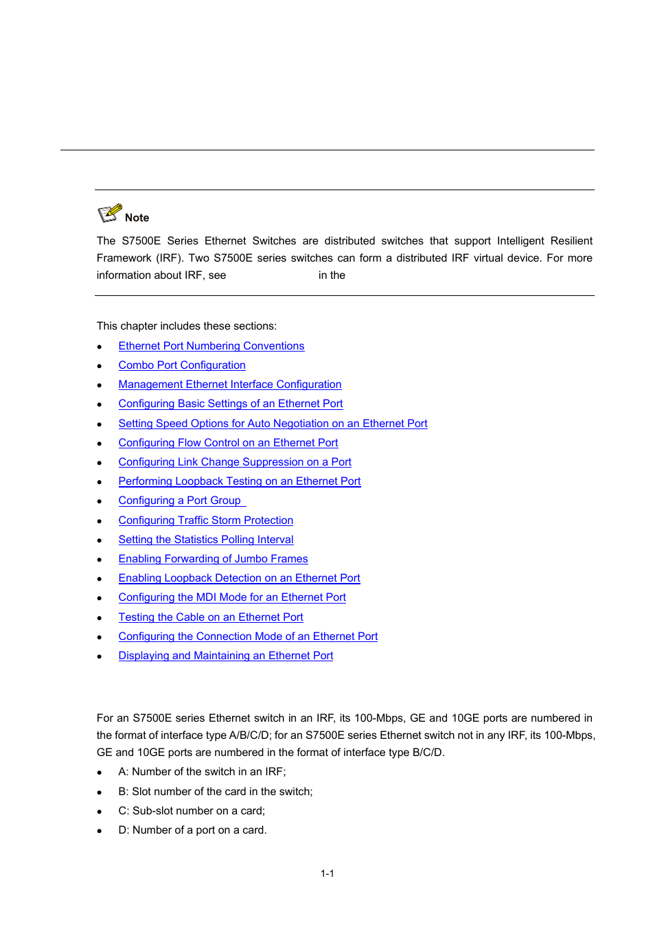 1 ethernet port configuration, Ethernet port numbering conventions, Ethernet port configuration | H3C Technologies H3C S7500E Series Switches User Manual | Page 15 / 337