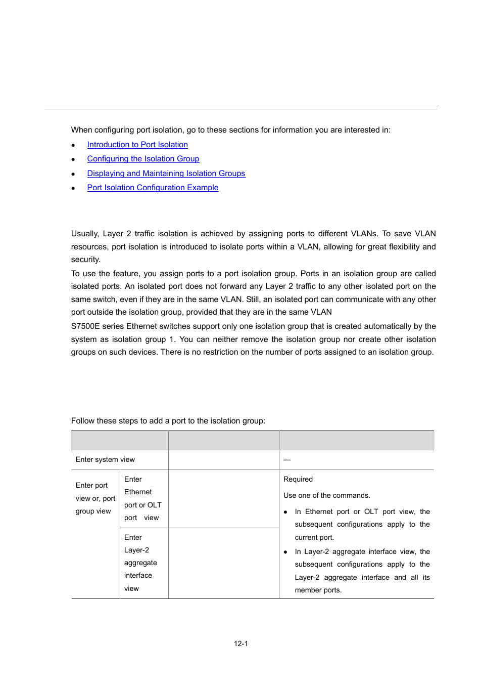 12 port isolation configuration, Introduction to port isolation, Configuring the isolation group | Assigning a port to the isolation group, 1 configuring the isolation group, Port isolation configuration | H3C Technologies H3C S7500E Series Switches User Manual | Page 150 / 337