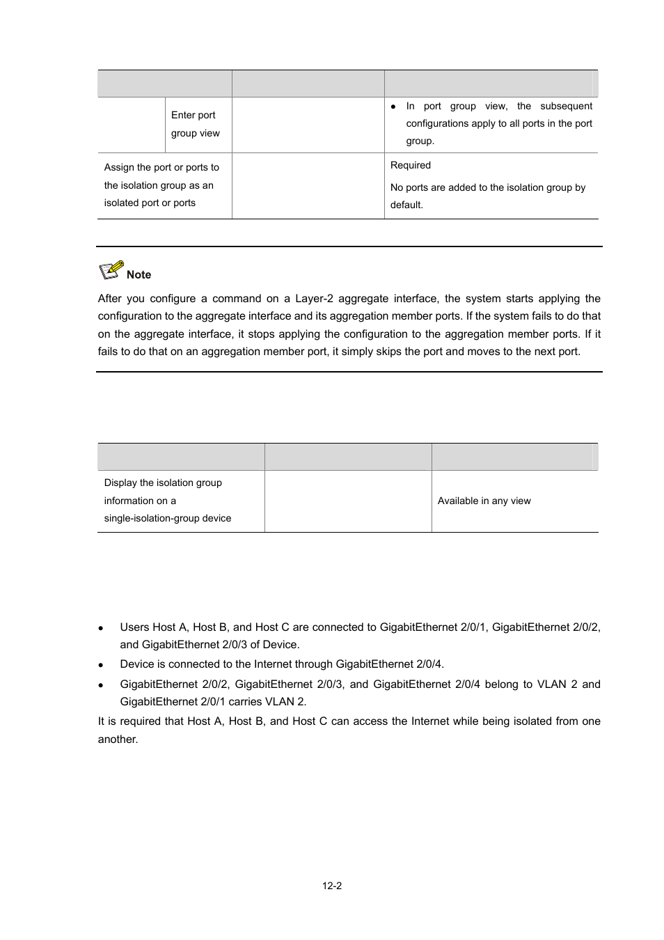 Displaying and maintaining isolation groups, Port isolation configuration example, Network requirements | 2 port isolation configuration example | H3C Technologies H3C S7500E Series Switches User Manual | Page 151 / 337