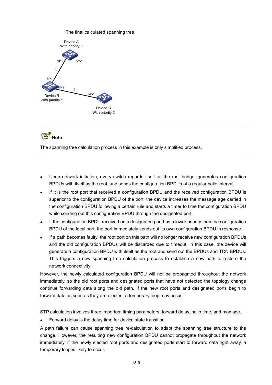 The bpdu forwarding mechanism in stp, Stp timers | H3C Technologies H3C S7500E Series Switches User Manual | Page 161 / 337