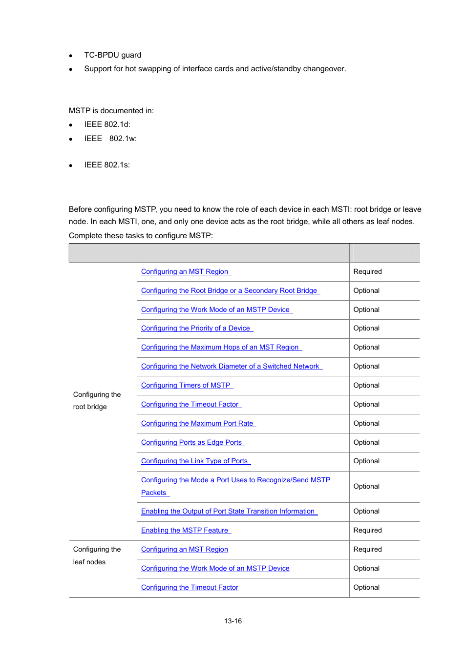 Protocols and standards, Mstp configuration task list | H3C Technologies H3C S7500E Series Switches User Manual | Page 168 / 337