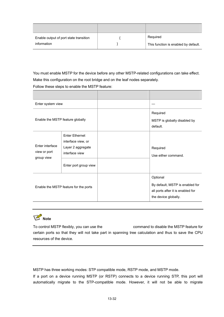 Enabling the mstp feature, Performing mcheck, 32 performing mcheck | H3C Technologies H3C S7500E Series Switches User Manual | Page 184 / 337