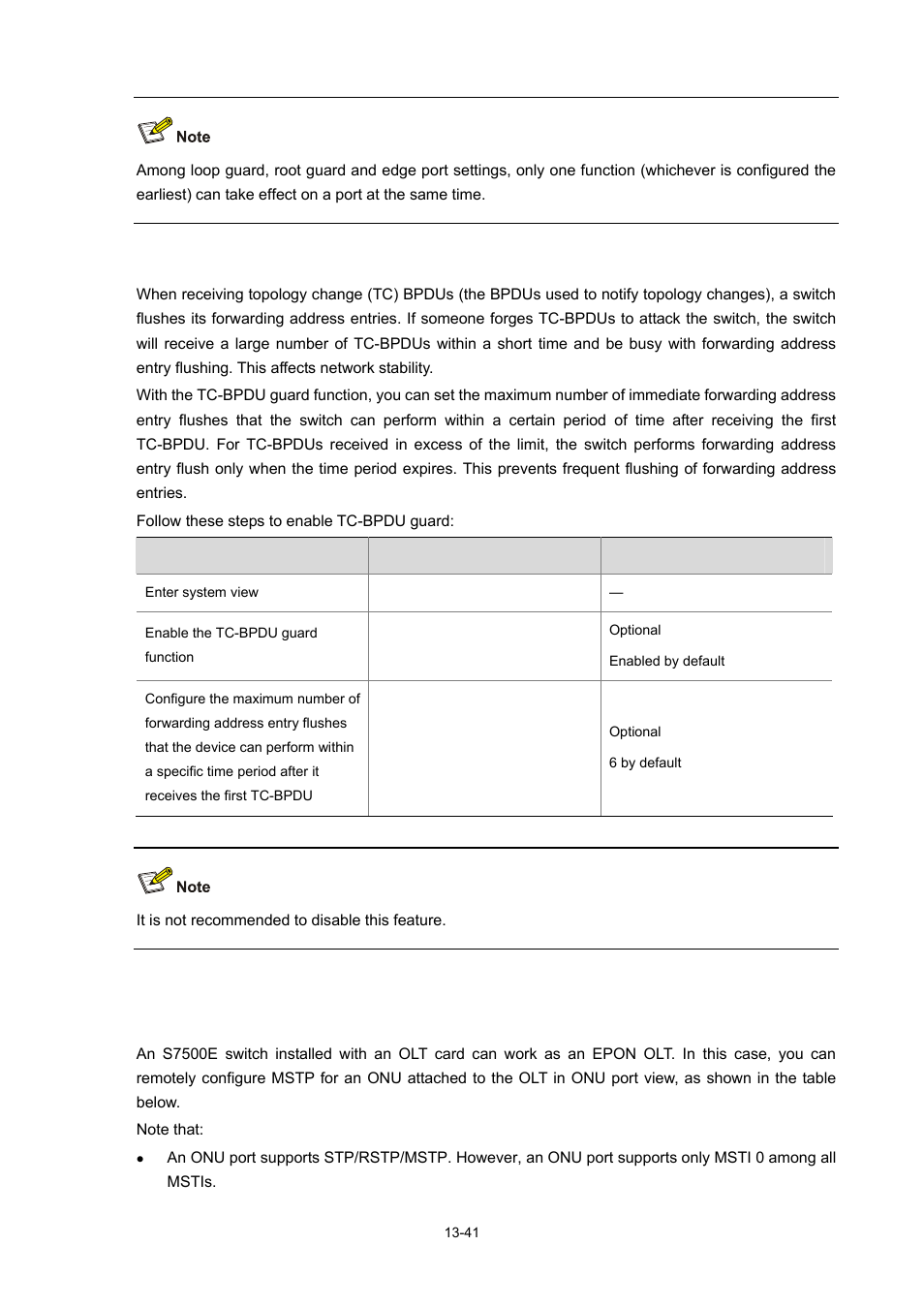 Enabling tc-bpdu guard, Remotely configuring mstp for an onu | H3C Technologies H3C S7500E Series Switches User Manual | Page 193 / 337