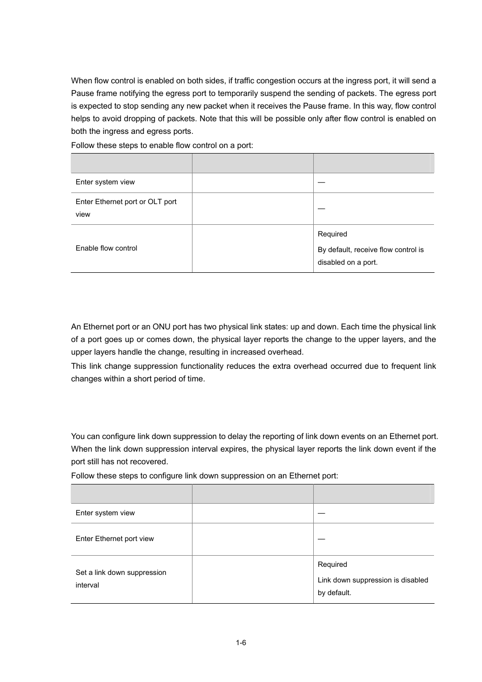 Configuring flow control on an ethernet port, Configuring link change suppression on a port, Configuring link down suppression | 6 configuring link change suppression on a port | H3C Technologies H3C S7500E Series Switches User Manual | Page 20 / 337