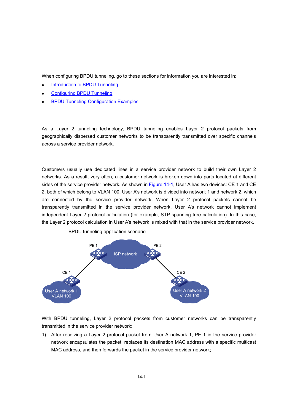 14 bpdu tunneling configuration, Introduction to bpdu tunneling, Background | Bpdu tunneling configuration | H3C Technologies H3C S7500E Series Switches User Manual | Page 201 / 337