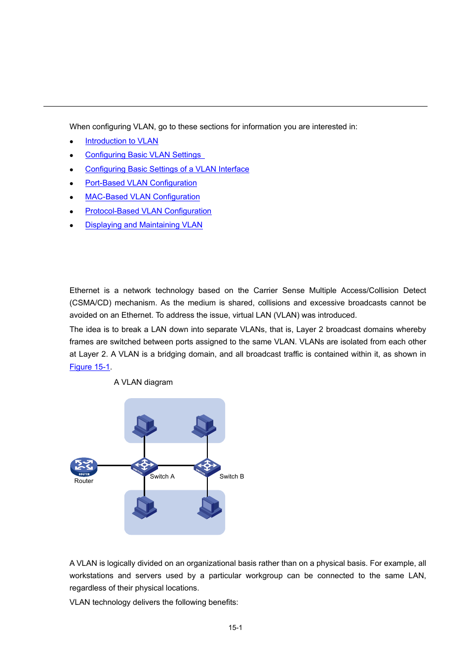 15 vlan configuration, Introduction to vlan, Vlan overview | Vlan configuration | H3C Technologies H3C S7500E Series Switches User Manual | Page 209 / 337