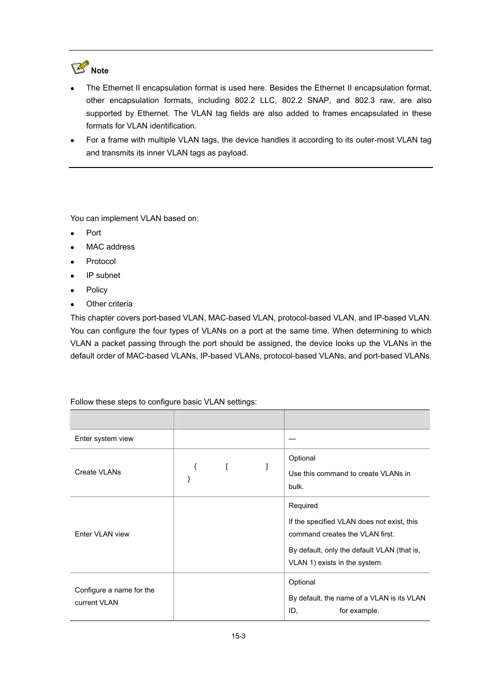 Types of vlan, Configuring basic vlan settings | H3C Technologies H3C S7500E Series Switches User Manual | Page 211 / 337