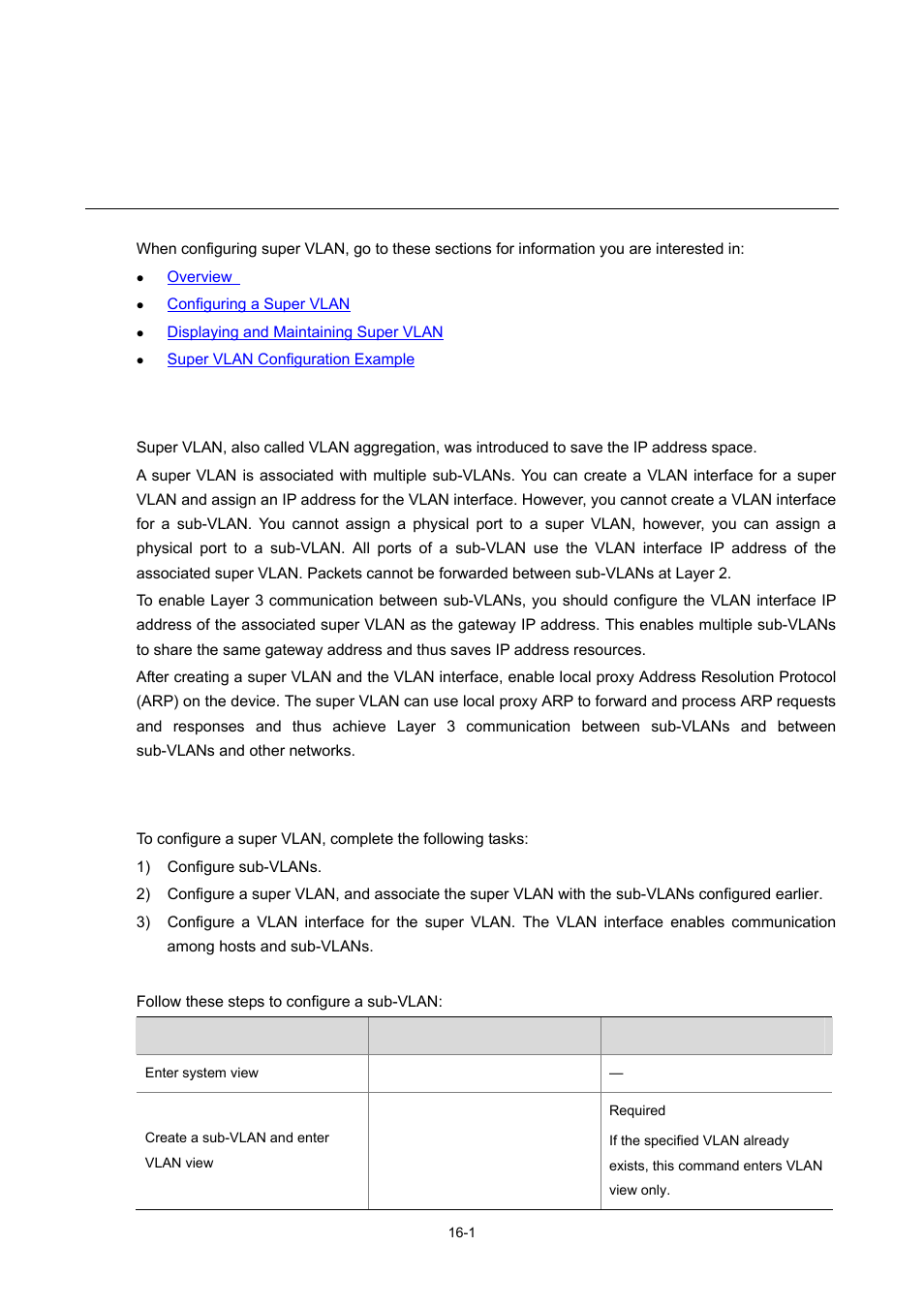 16 super vlan configuration, Overview, Configuring a super vlan | Configuring sub-vlans, 1 configuring a super vlan, Super vlan configuration | H3C Technologies H3C S7500E Series Switches User Manual | Page 237 / 337