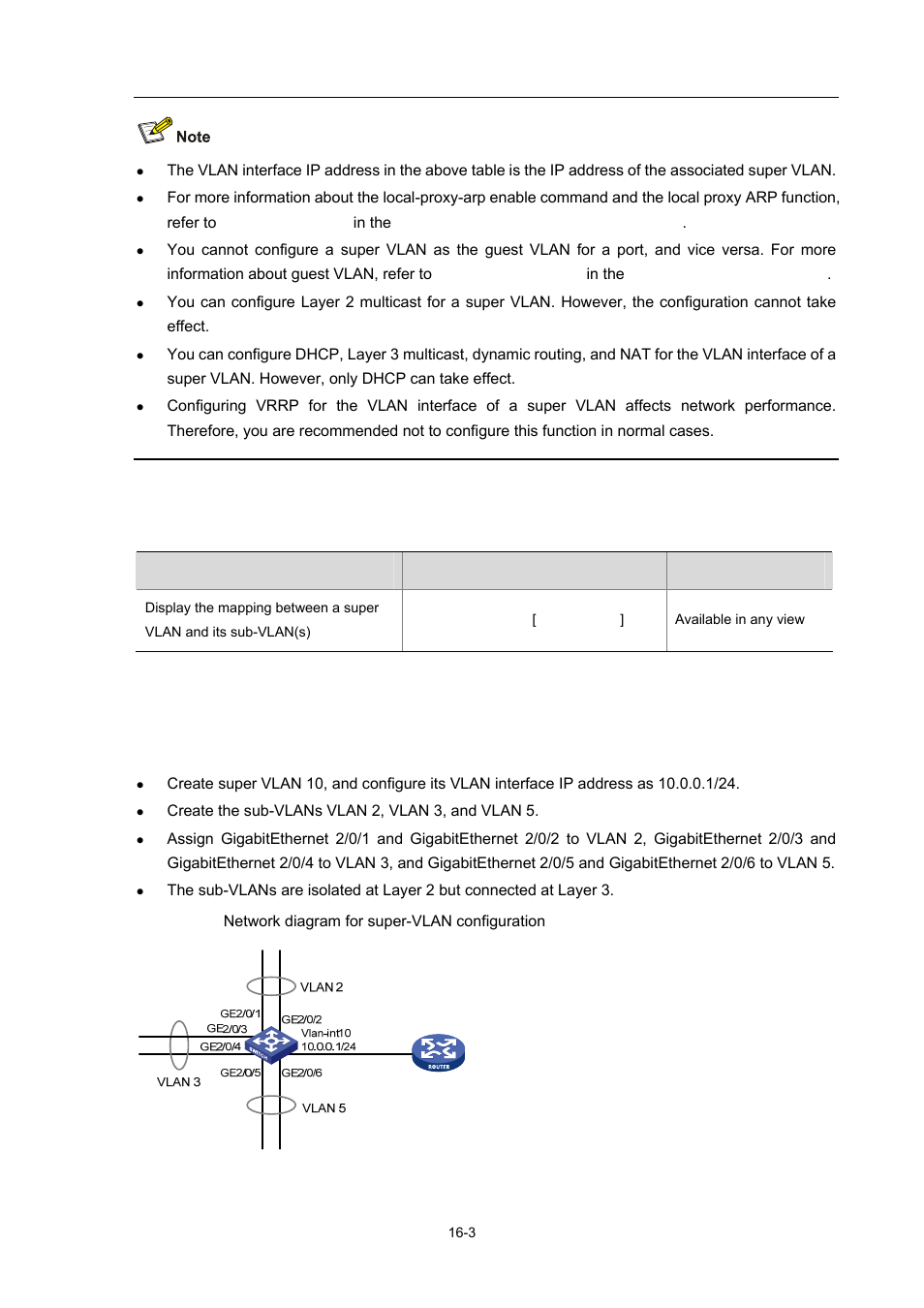 Displaying and maintaining super vlan, Super vlan configuration example, Network requirements | 3 super vlan configuration example | H3C Technologies H3C S7500E Series Switches User Manual | Page 239 / 337