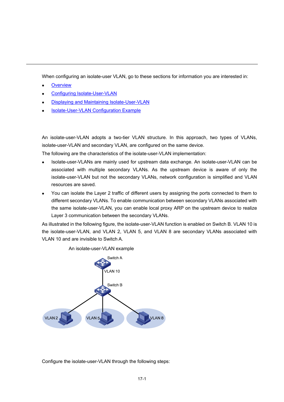 17 isolate-user-vlan configuration, Overview, Configuring isolate-user-vlan | 1 configuring isolate-user-vlan, Isolate-user-vlan configuration | H3C Technologies H3C S7500E Series Switches User Manual | Page 242 / 337