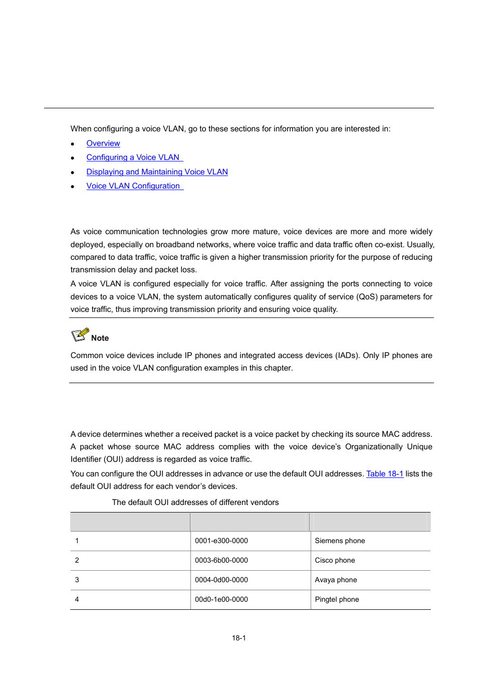 18 voice vlan configuration, Overview, Oui addresses | Voice vlan configuration | H3C Technologies H3C S7500E Series Switches User Manual | Page 247 / 337