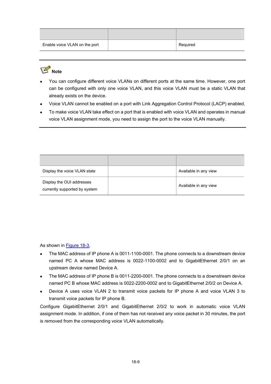 Displaying and maintaining voice vlan, Voice vlan configuration examples, Automatic voice vlan mode configuration example | Network requirements, 9 voice vlan configuration examples, Voice vlan configuration | H3C Technologies H3C S7500E Series Switches User Manual | Page 255 / 337