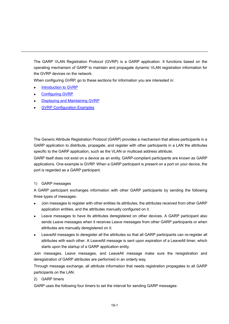 19 gvrp configuration, Introduction to gvrp, Garp | Garp messages and timers, Gvrp configuration | H3C Technologies H3C S7500E Series Switches User Manual | Page 259 / 337