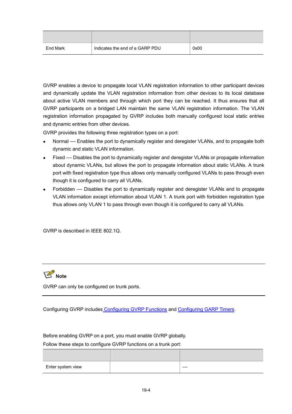 Gvrp, Protocols and standards, Configuring gvrp | Configuring gvrp functions, 4 protocols and standards | H3C Technologies H3C S7500E Series Switches User Manual | Page 262 / 337