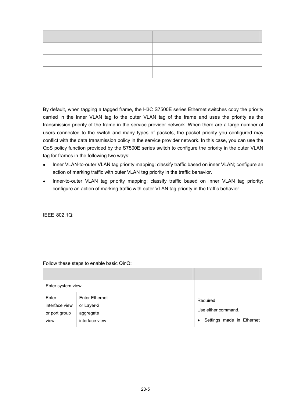 Configuring outer vlan tag priority, Protocols and standards, Configuring basic qinq | Enabling basic qinq | H3C Technologies H3C S7500E Series Switches User Manual | Page 274 / 337