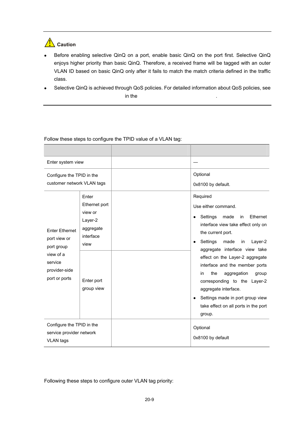 Configuring the tpid of a vlan tag, Configure outer vlan tag priority, 9 configure outer vlan tag priority | H3C Technologies H3C S7500E Series Switches User Manual | Page 278 / 337