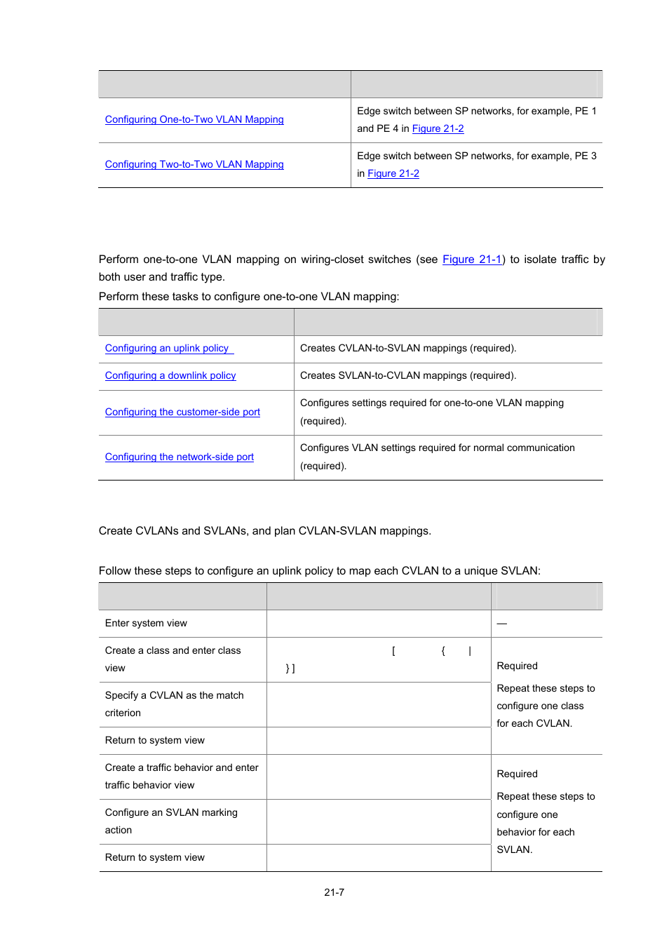 Configuring one-to-one vlan mapping, Configuration prerequisites, Configuring an uplink policy | H3C Technologies H3C S7500E Series Switches User Manual | Page 290 / 337