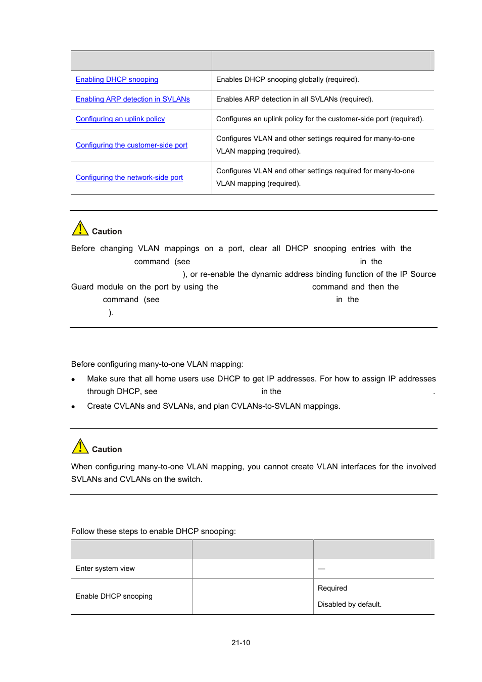 Configuration prerequisites, Enabling dhcp snooping | H3C Technologies H3C S7500E Series Switches User Manual | Page 293 / 337