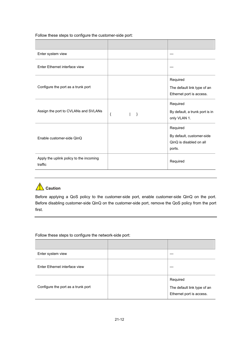 Configuring the customer-side port, Configuring the network-side port | H3C Technologies H3C S7500E Series Switches User Manual | Page 295 / 337