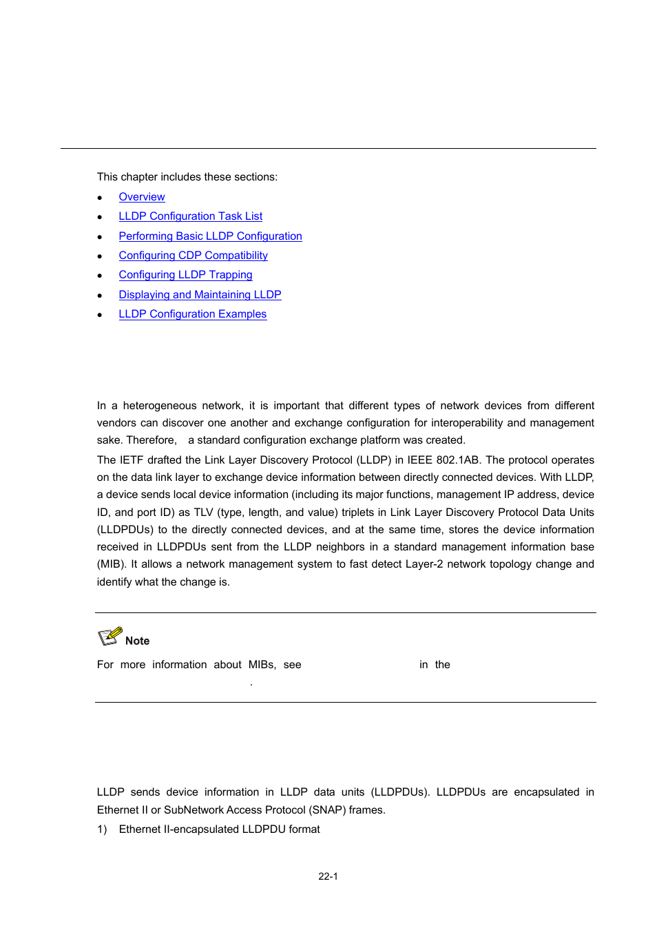 22 lldp configuration, Overview, Background | Basic concepts, Lldpdus, 1 basic concepts, Lldp configuration | H3C Technologies H3C S7500E Series Switches User Manual | Page 311 / 337