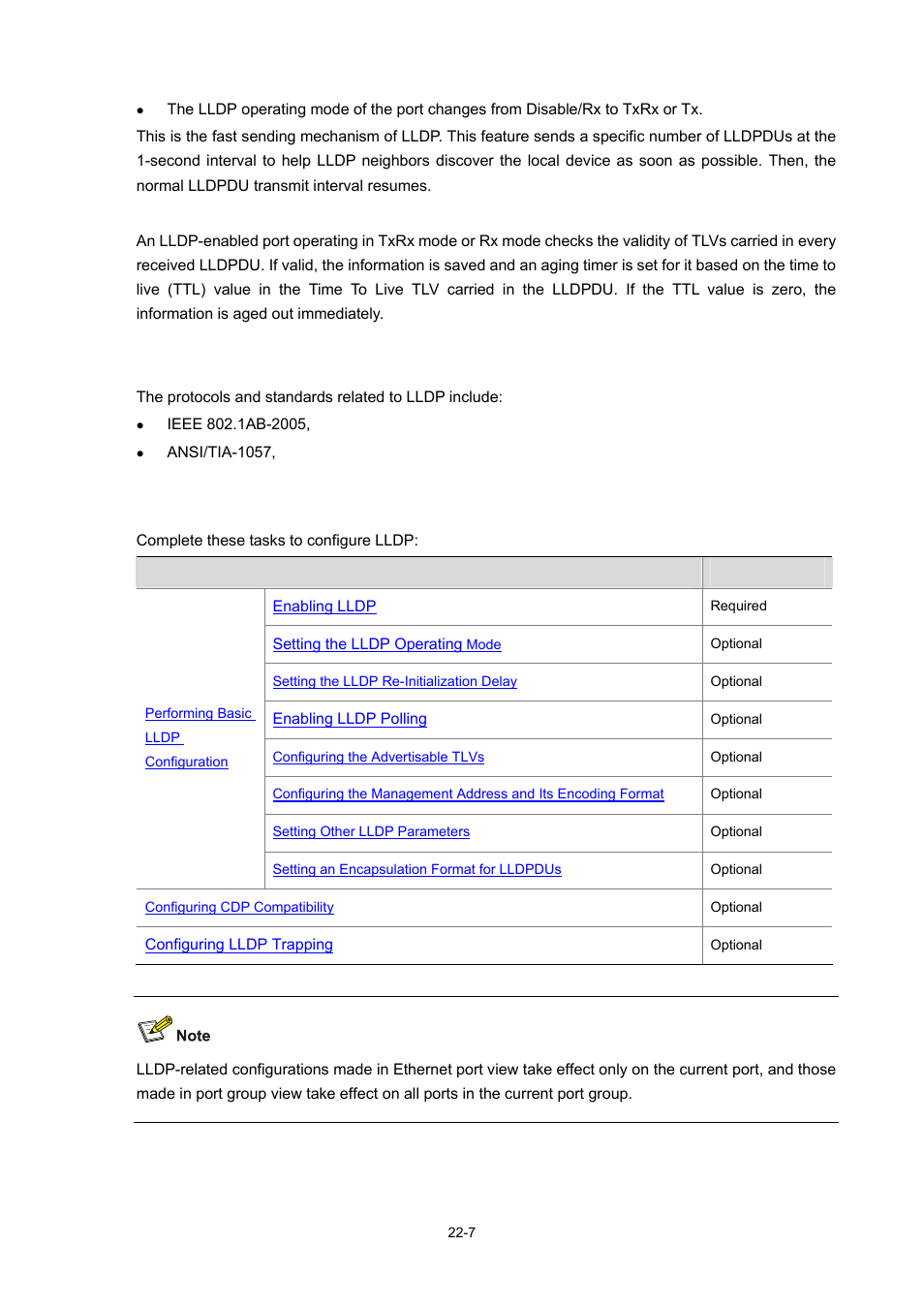 Receiving lldpdus, Protocols and standards, Lldp configuration task list | H3C Technologies H3C S7500E Series Switches User Manual | Page 317 / 337