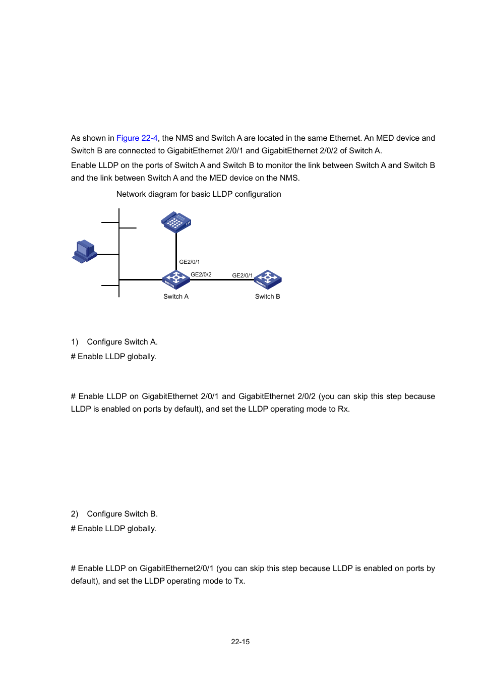 Lldp configuration examples, Basic lldp configuration example, Network requirements | Configuration procedure | H3C Technologies H3C S7500E Series Switches User Manual | Page 325 / 337