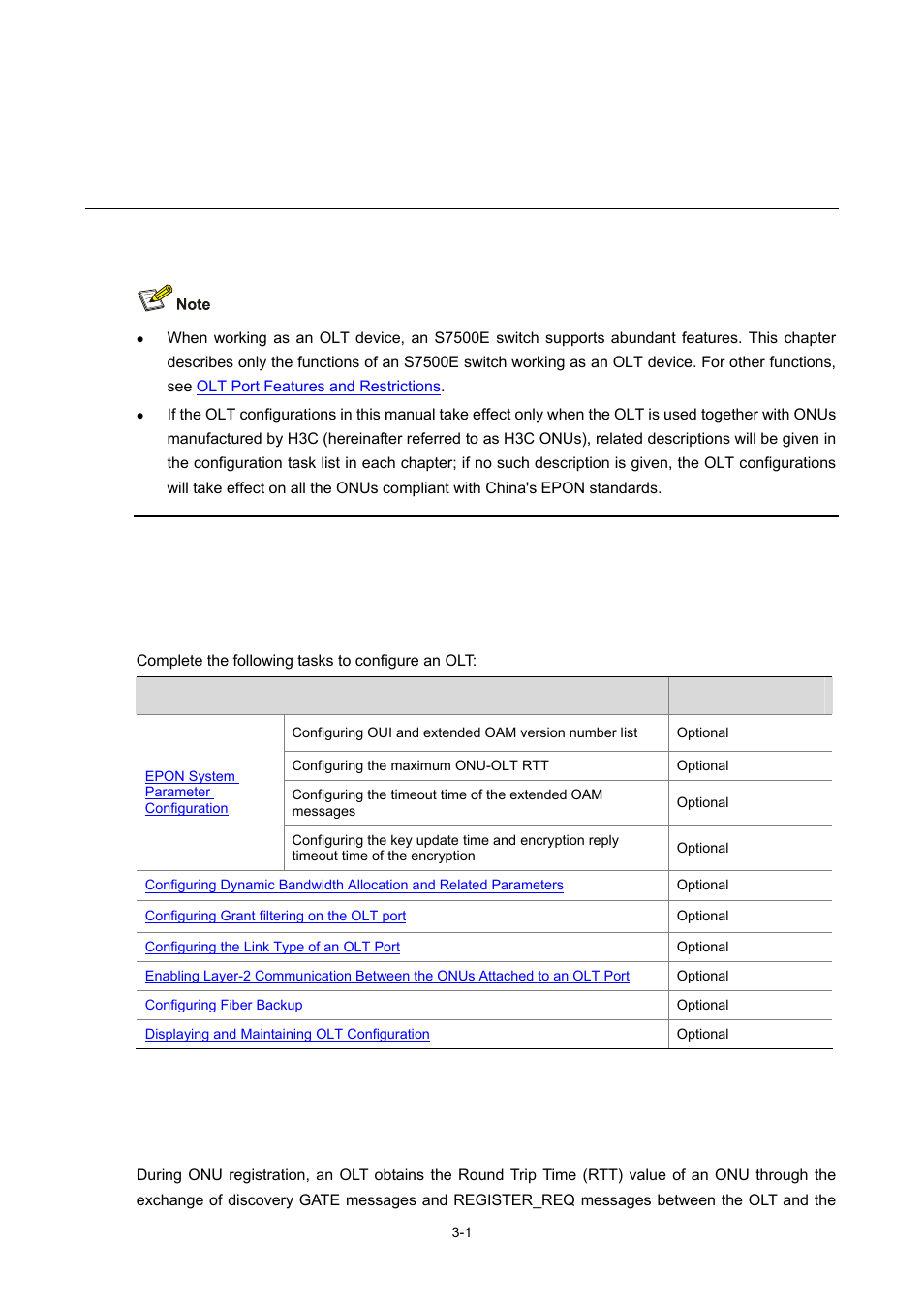 3 olt configuration, Olt configuration, Olt configuration task list | Epon system parameter configuration, Configuring the maximum onu-olt rtt | H3C Technologies H3C S7500E Series Switches User Manual | Page 43 / 337