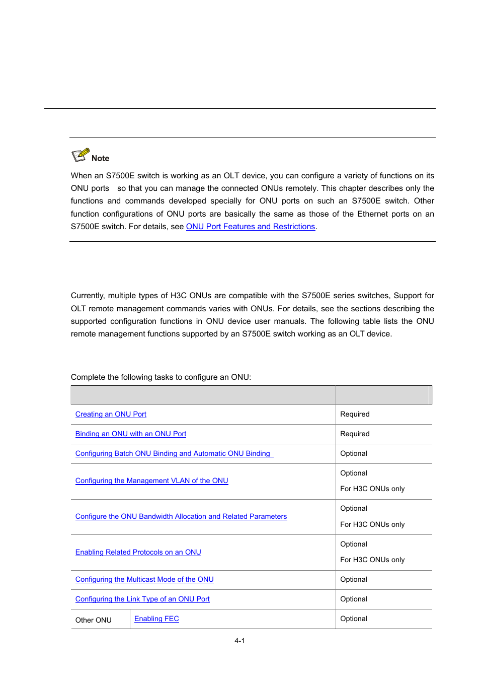 4 onu remote management configuration, Onu configuration, Onu configuration task list | Onu remote management configuration | H3C Technologies H3C S7500E Series Switches User Manual | Page 54 / 337