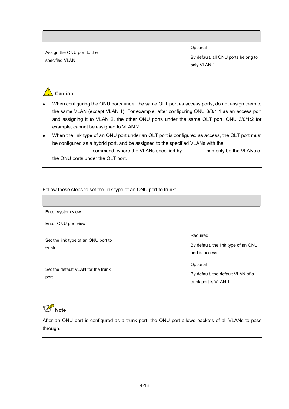 Setting the link type of an onu port to trunk, Note that | H3C Technologies H3C S7500E Series Switches User Manual | Page 66 / 337