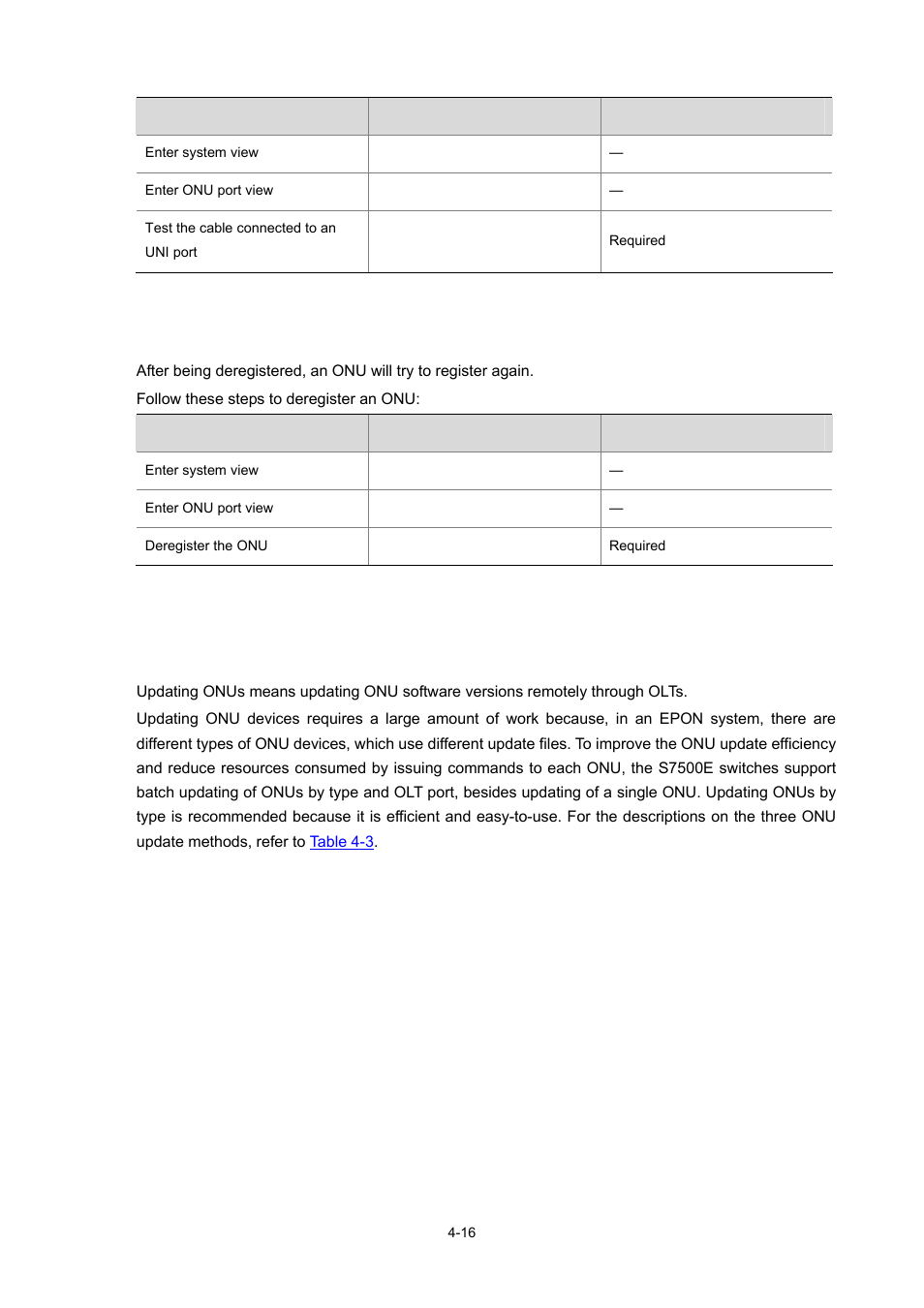 Deregistering an onu, Updating onus, Introduction to onu update | 16 updating onus | H3C Technologies H3C S7500E Series Switches User Manual | Page 69 / 337