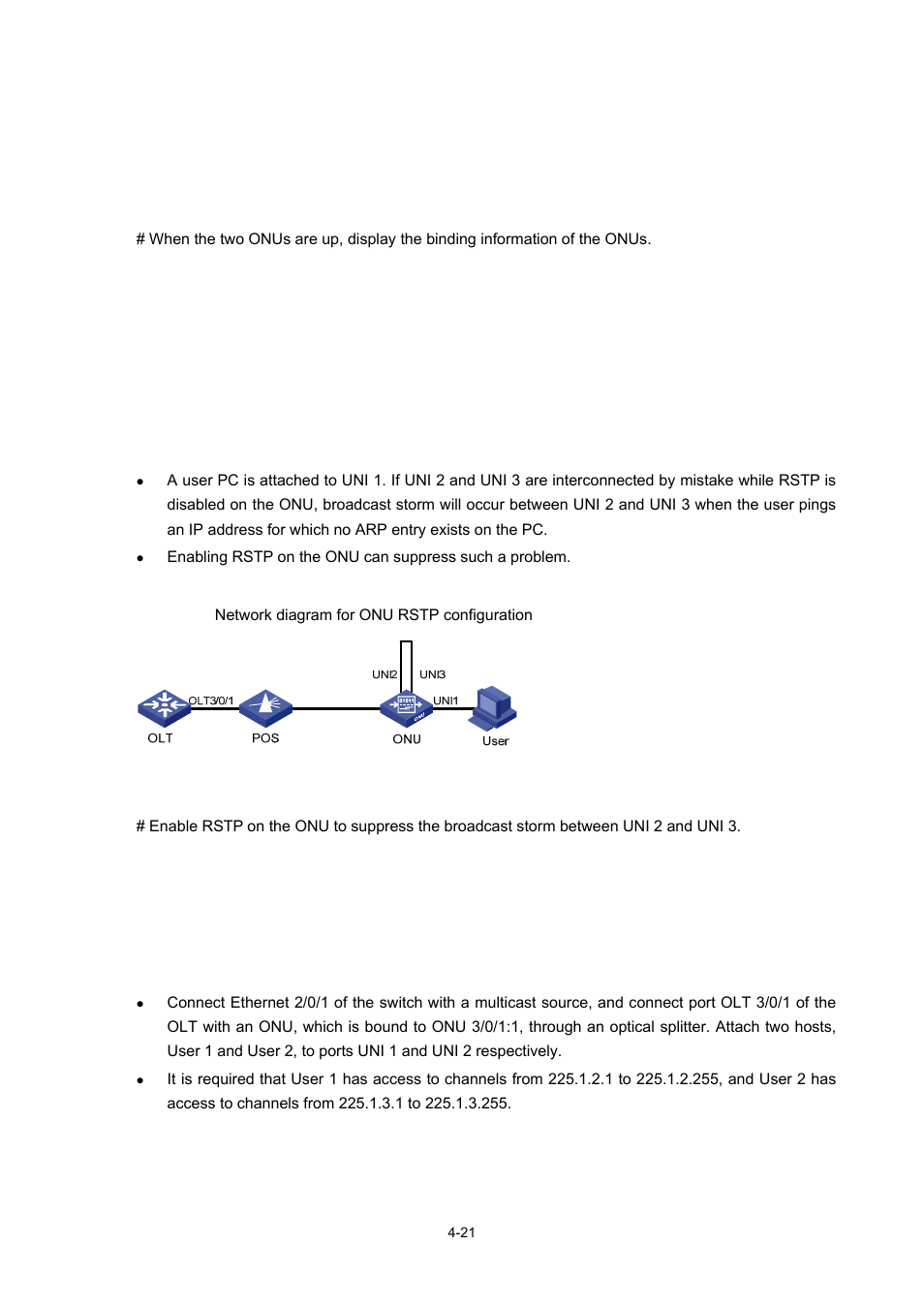 Onu rstp configuration example, Network requirements, Network diagram | Configuration procedure | H3C Technologies H3C S7500E Series Switches User Manual | Page 74 / 337