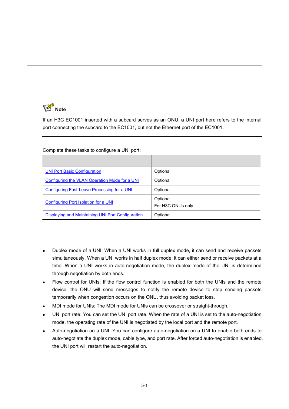 5 uni port configuration, Uni port configuration task list, Uni port basic configuration | Uni port configuration | H3C Technologies H3C S7500E Series Switches User Manual | Page 80 / 337