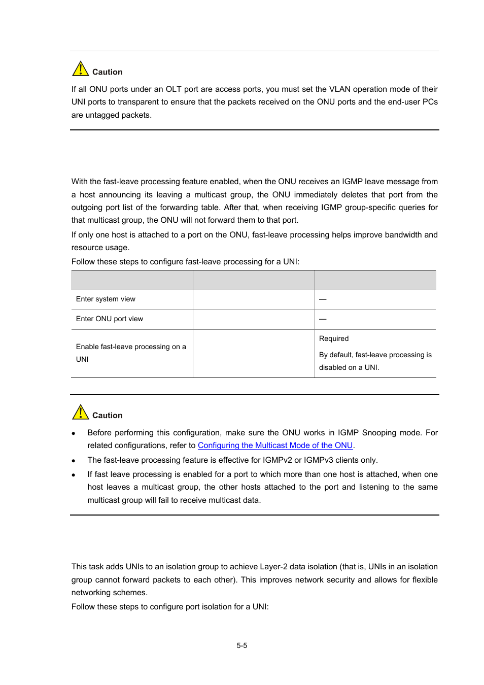 Configuring fast-leave processing for a uni, Configuring port isolation for a uni | H3C Technologies H3C S7500E Series Switches User Manual | Page 84 / 337