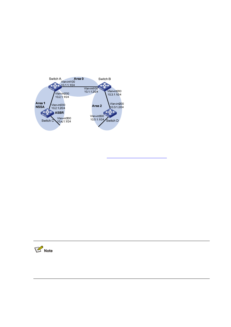 Configuring an ospf nssa area, Network requirements, Configuration procedure | H3C Technologies H3C S7500E Series Switches User Manual | Page 130 / 386
