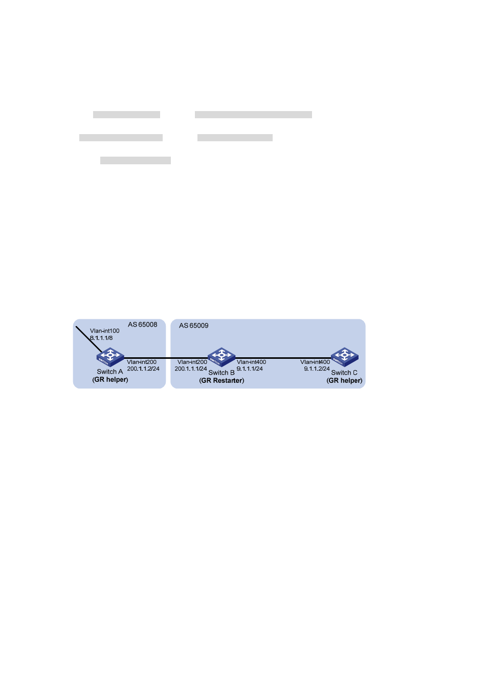 Bgp gr configuration, Network requirements, Configuration procedure | H3C Technologies H3C S7500E Series Switches User Manual | Page 274 / 386