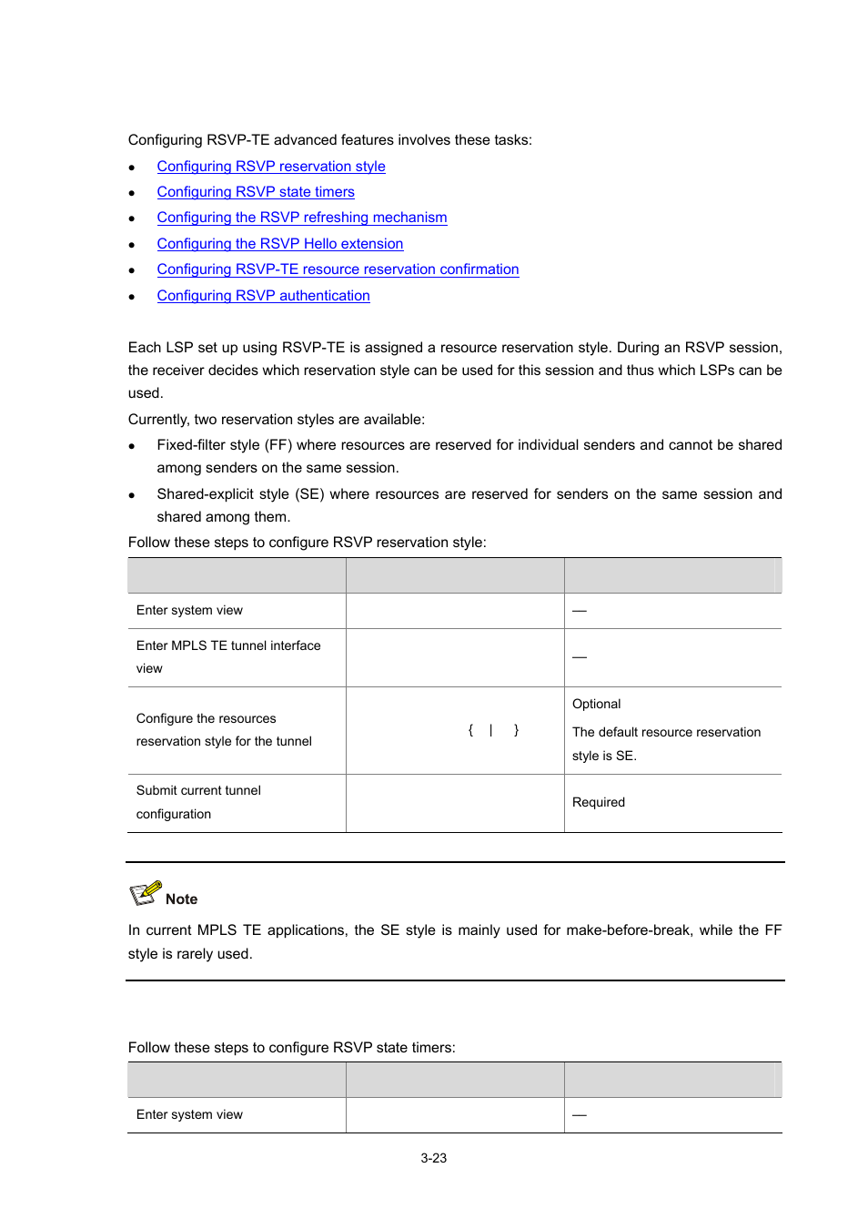 Configuration procedure, Configuring rsvp reservation style, Configuring rsvp state timers | H3C Technologies H3C S7500E Series Switches User Manual | Page 105 / 334