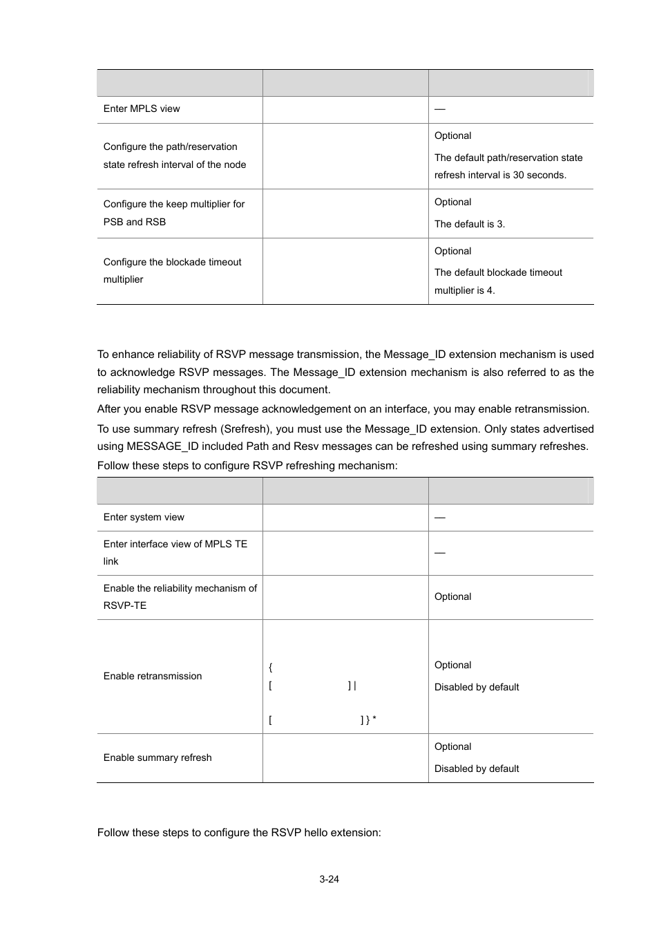 Configuring the rsvp refreshing mechanism, Configuring the rsvp hello extension | H3C Technologies H3C S7500E Series Switches User Manual | Page 106 / 334