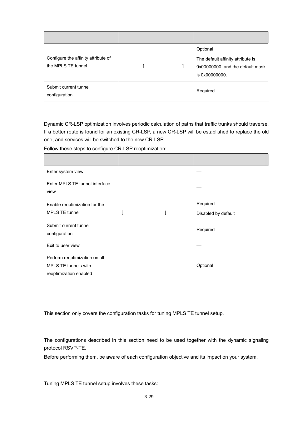 Configuring cr-lsp reoptimization, Tuning mpls te tunnel setup, Configuration prerequisites | Configuration procedures, 29 configuration procedures | H3C Technologies H3C S7500E Series Switches User Manual | Page 111 / 334