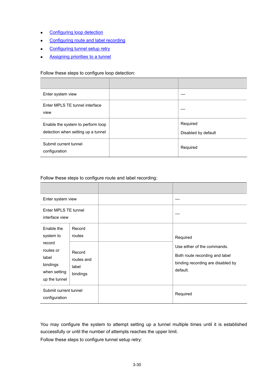 Configuring loop detection, Configuring route and label recording, Configuring tunnel setup retry | H3C Technologies H3C S7500E Series Switches User Manual | Page 112 / 334