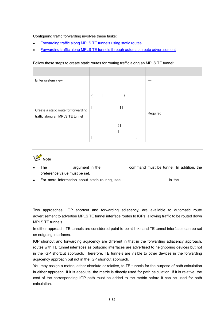 Configuration procedures, Forwarding traffic along mpls te tunnels, Using static routes | Through automatic route advertisement | H3C Technologies H3C S7500E Series Switches User Manual | Page 114 / 334